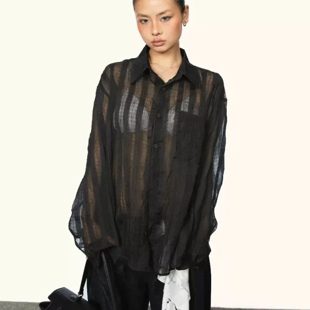 Women's Pleated Micro transparent Plaid Long sleeved Shirt Summer New Black - Shop at LoveMi
