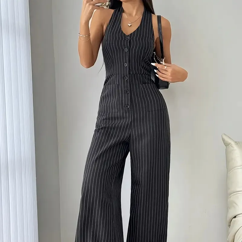 Sleeveless Front Button Casual Striped Jumpsuit - Dark Grey