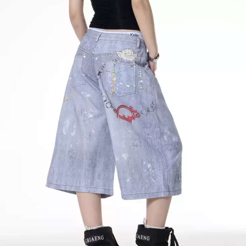 Retro Color Chain Printed Denim Shorts For Women