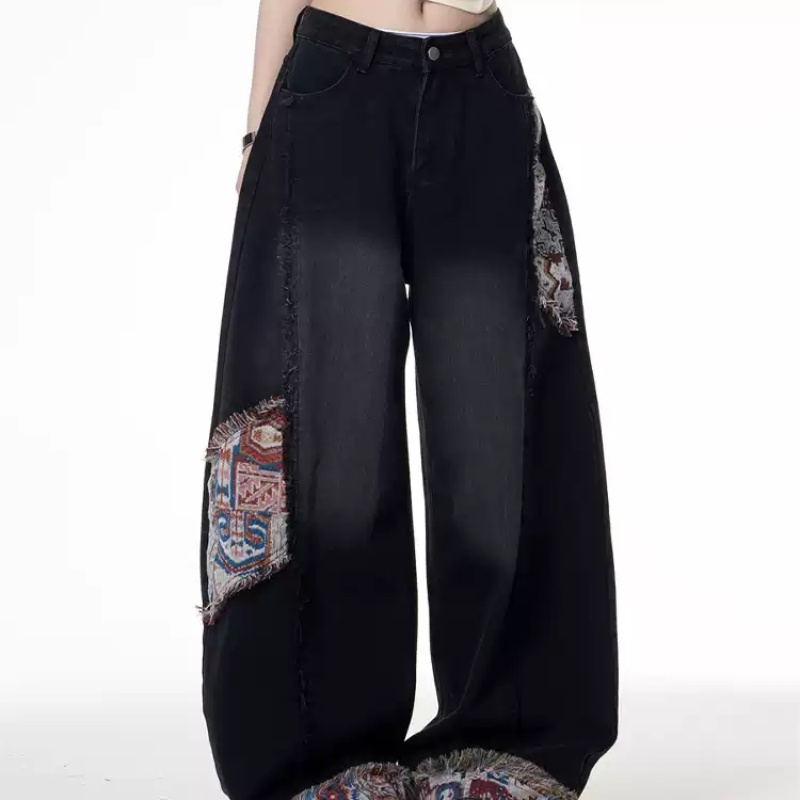 Retro Distressed Stitching Embroidered Jeans Women's Summer Loose Straight Black - Shop at LoveMi