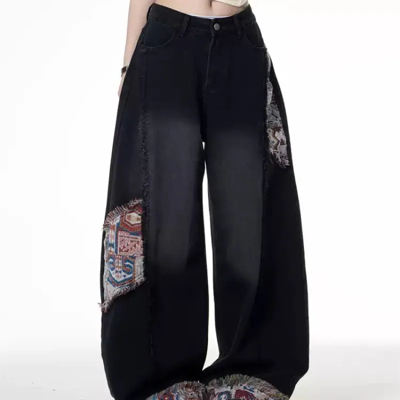 Retro Distressed Stitching Embroidered Jeans Women's Summer Loose Straight - Black