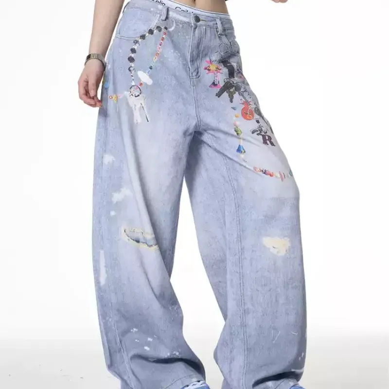 Distressed Dirty Dyed Jeans Women's Summer Design Sense Niche Loose Wide Leg - Blue