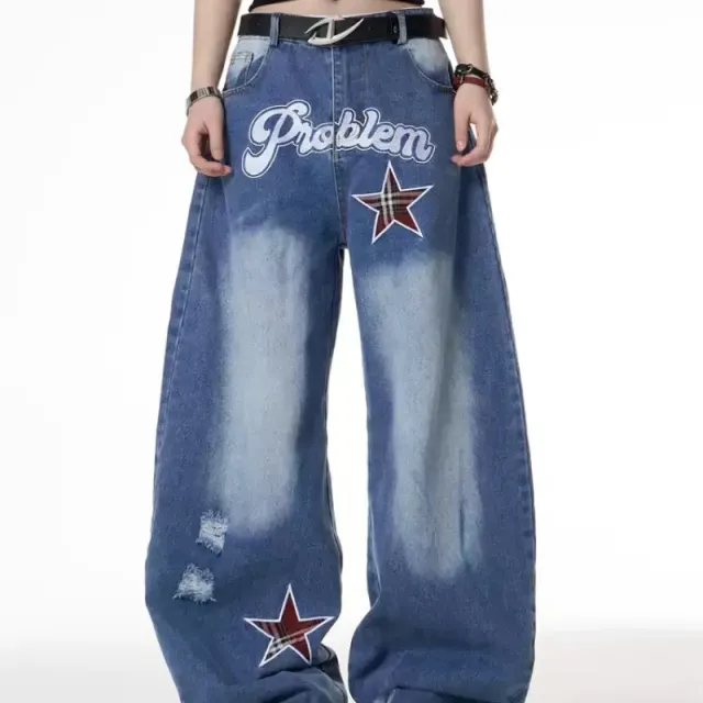 Retro Street XINGX Printed Wide Leg Jeans For Women Blue - Shop at LoveMi