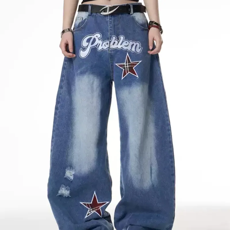 Retro Street XINGX Printed Wide Leg Jeans For Women - Blue