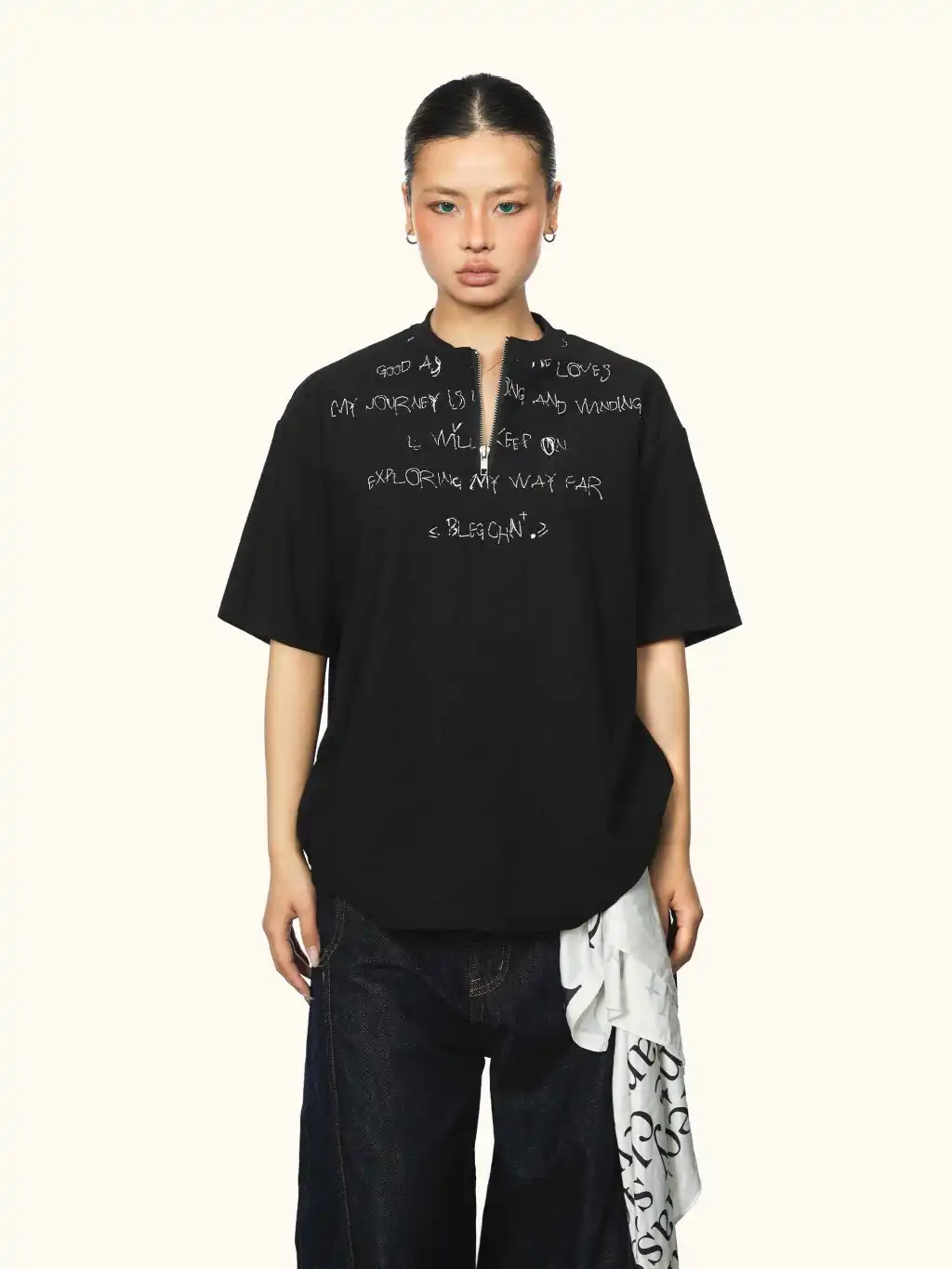 Men's And Women's Same Style American Letter Print Half Zipper Short Sleeve - Black