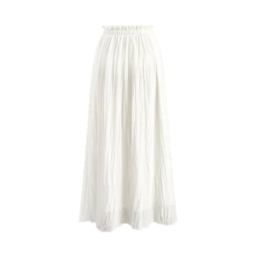 Elastic Waist A- Line Dress White Pleated Casual Skirt - White
