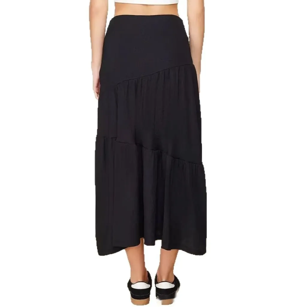 High Waist Elastic Skirt Irregular Pleated A- Line Big Hem Dress - Black