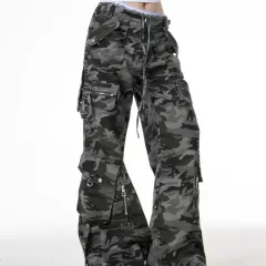 Retro Camouflage Cargo Pants Design Low Waist Loose - Camouflage Color-L - View 1