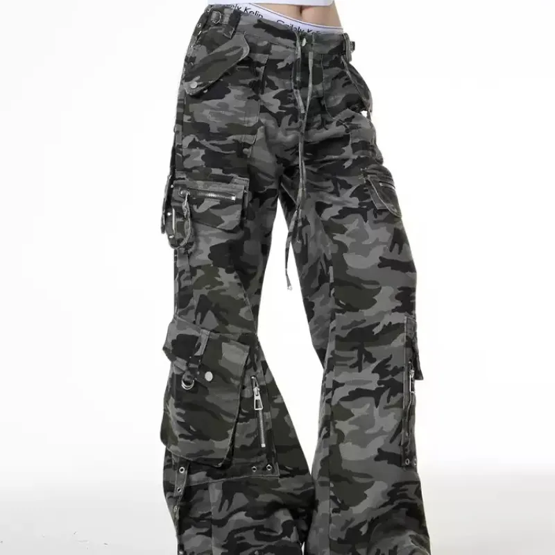 Retro Camouflage Cargo Pants Design Low Waist Loose - Camouflage Color-L