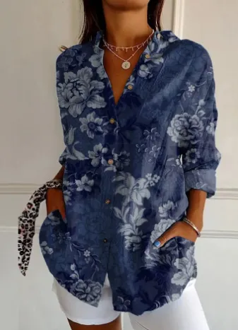 Women's Color Matching Casual Loose Button Digital Printing Shirt - Yk2158Ny-S