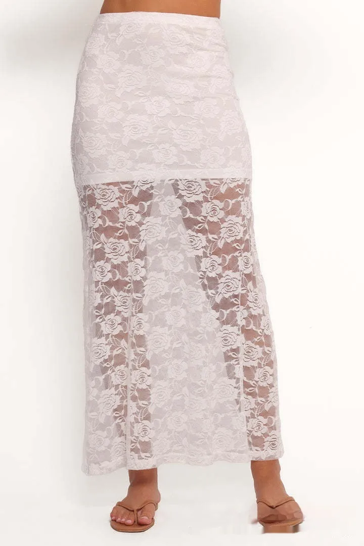Sexy Hollow Out Lace Skirt Women's Elegant A- Line - White