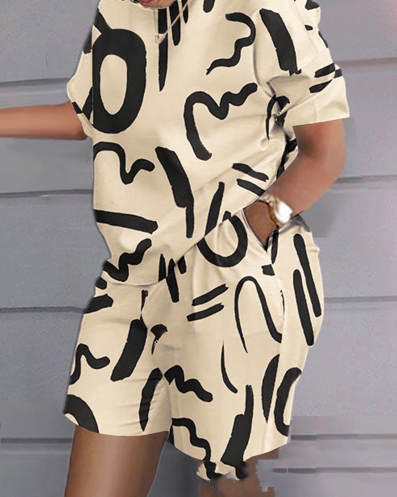 Casual Printing Color Contrast Short Sleeve Two-piece Set