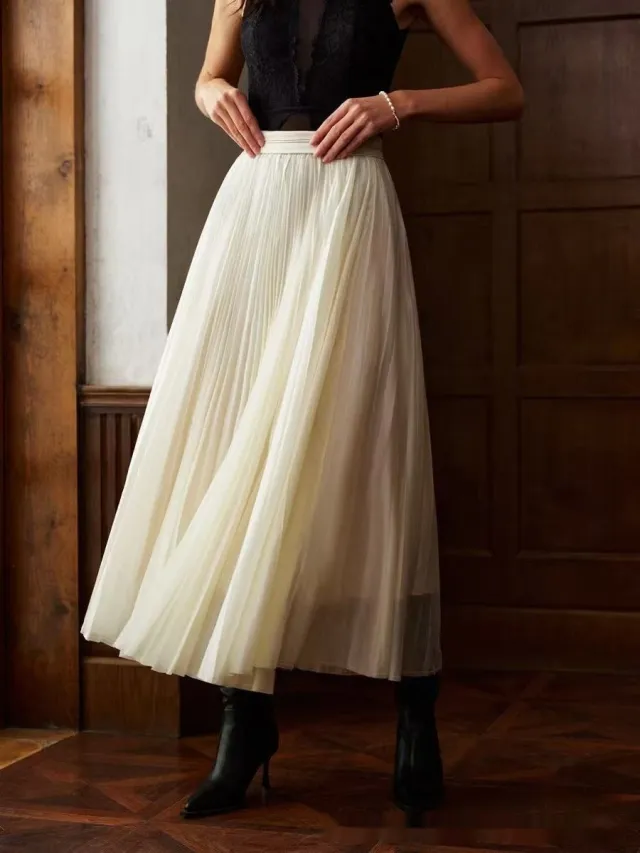 French Style Pleated Stitching High Waist Skirt White - Shop at LoveMi