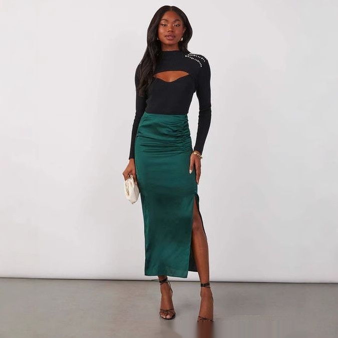 Stitching Split Elegant Silky Draping Satin Sheath Dress