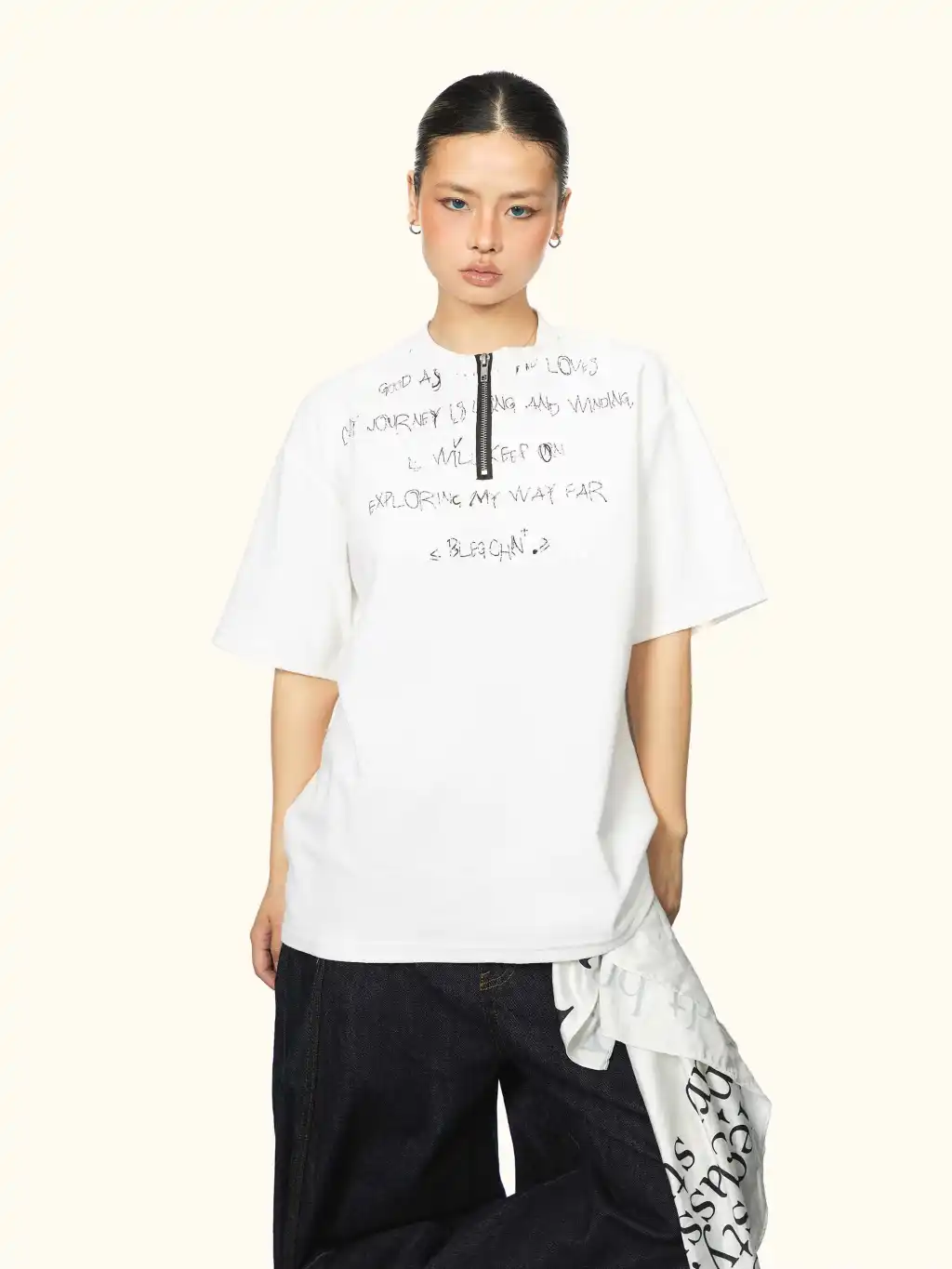 Men's And Women's Same Style American Letter Print Half Zipper Short Sleeve - White