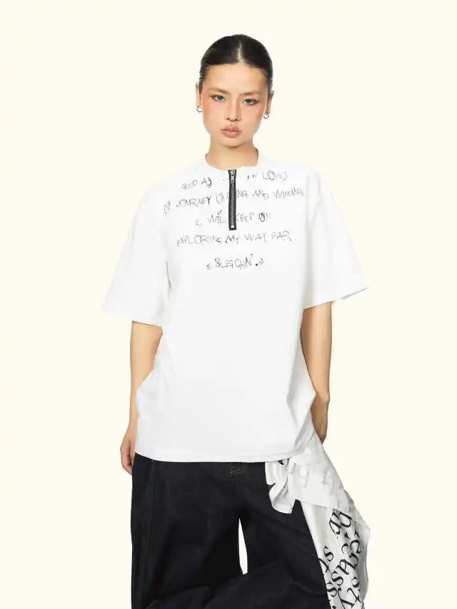 Men's And Women's Same Style American Letter Print Half Zipper Short Sleeve White - Shop at LoveMi