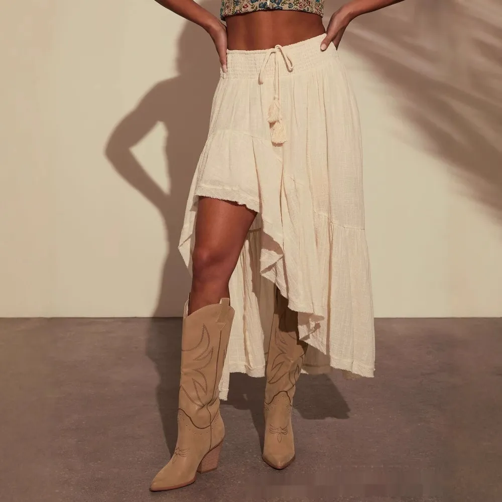 Asymmetric Stitching Elastic High Waist Skirt - White