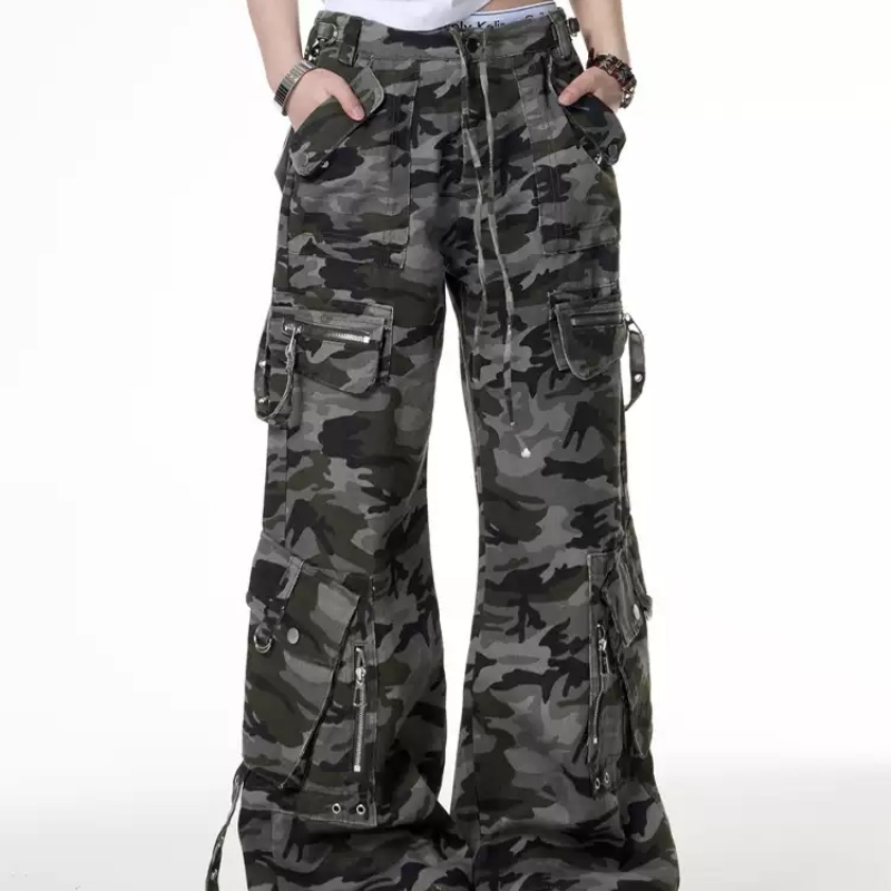Retro Camouflage Cargo Pants Design Low Waist Loose