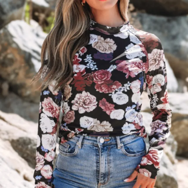 Mesh Floral Print Mock Neck Long Sleeve Slim Top Pink - Shop at LoveMi