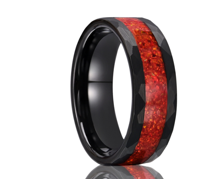 Electric Black Tungsten Steel Inlaid Red Opal Ring