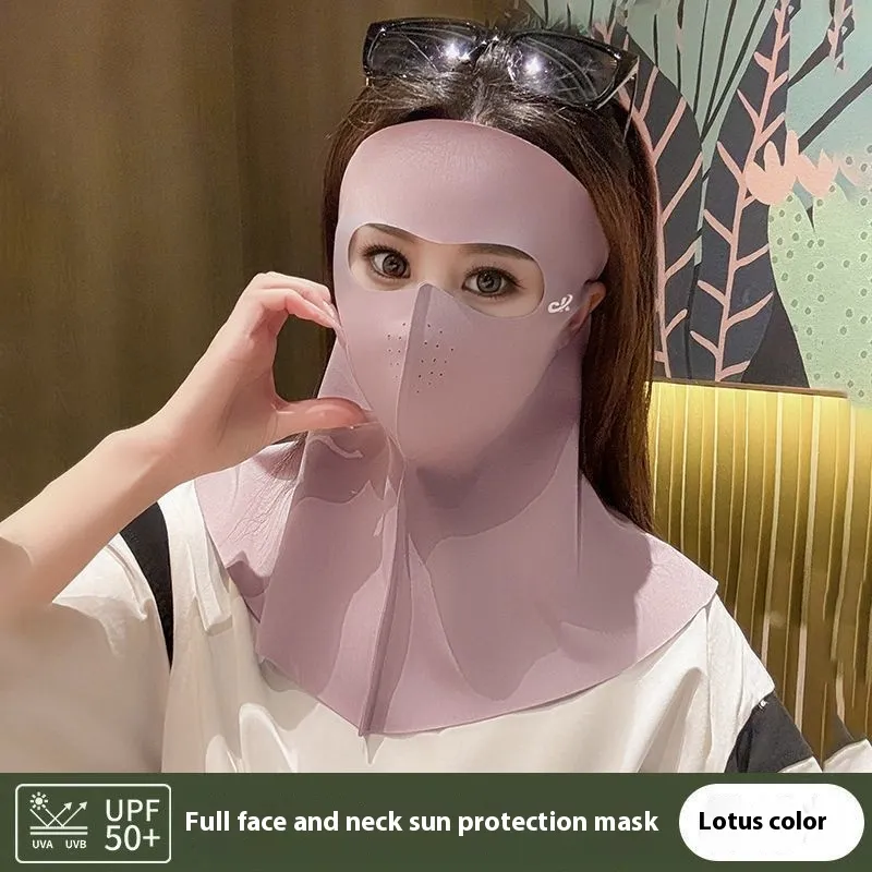 Summer Ice Silk Full Face Seamless Neck And Forehead Integrated Sun Mask - Pink