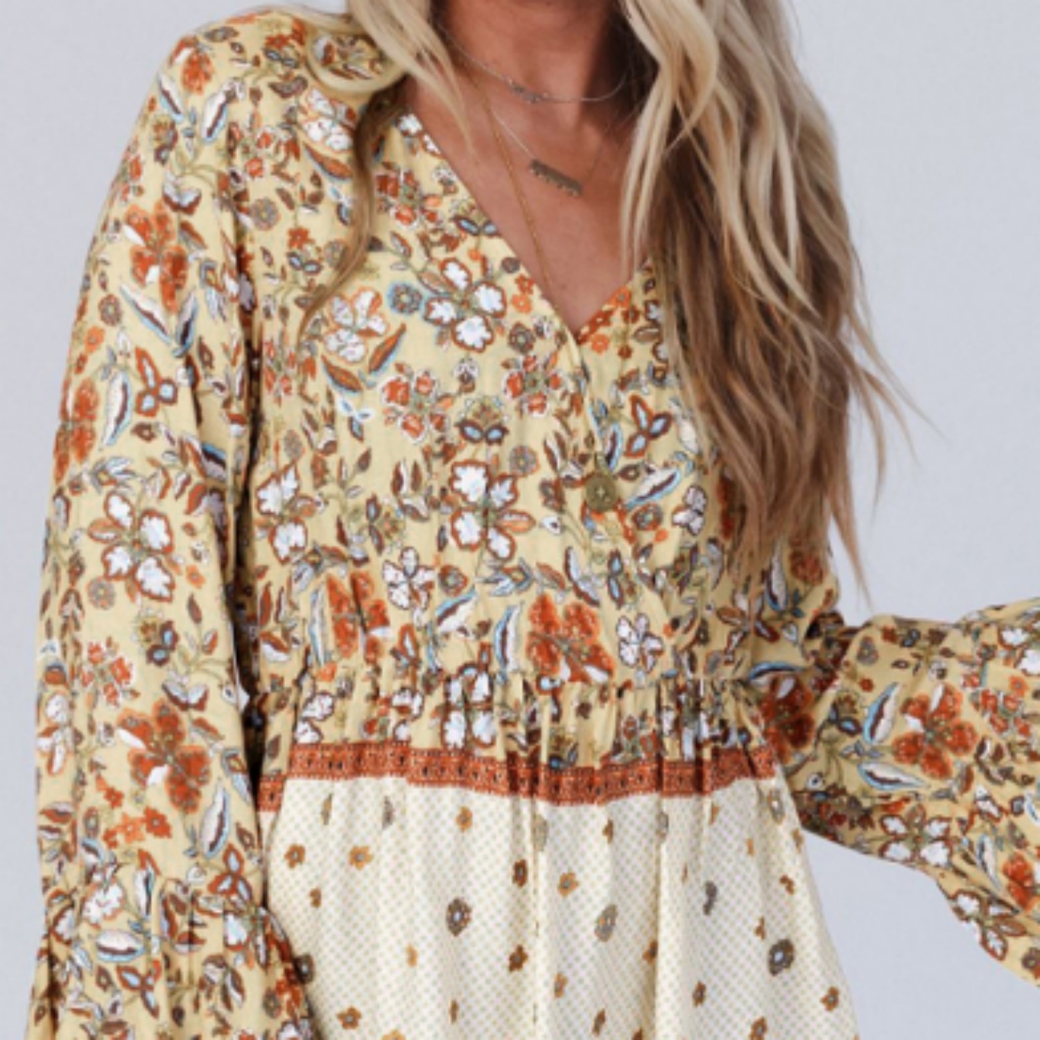 Yellow Printed Floral Bell Sleeve V Neck Wrapped Contrast Peplum Blouse