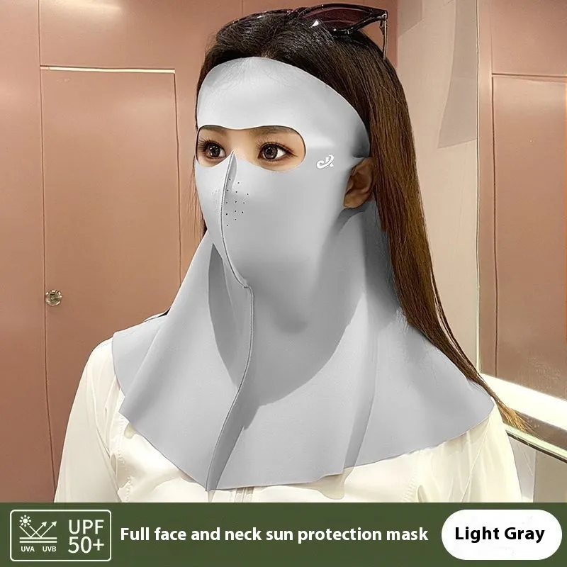 Summer Ice Silk Full Face Seamless Neck And Forehead Integrated Sun Mask - Light Gray