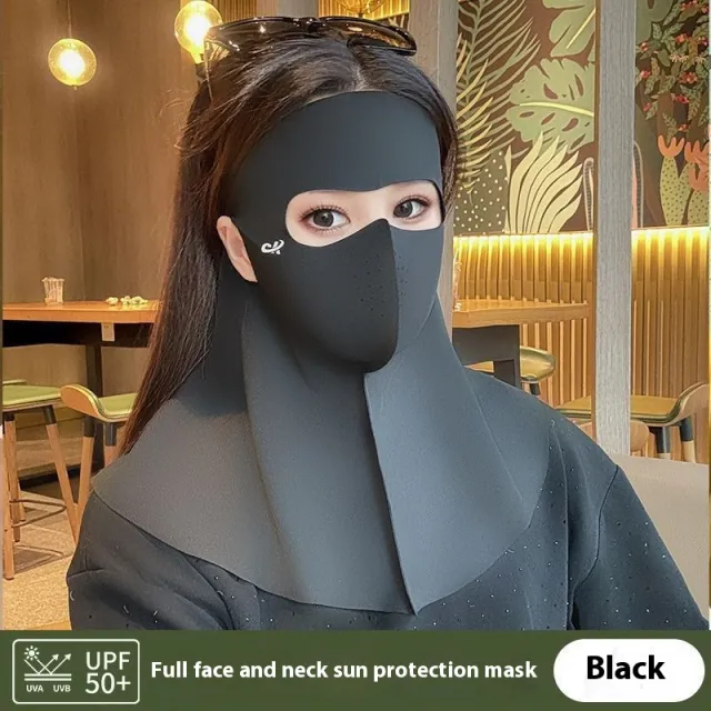 Summer Ice Silk Full Face Seamless Neck And Forehead Integrated Sun Mask Black - Shop at LoveMi