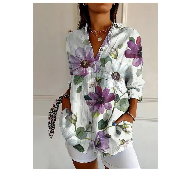 Women's Color Matching Casual Loose Button Digital Printing Shirt Jm706 - Shop at LoveMi