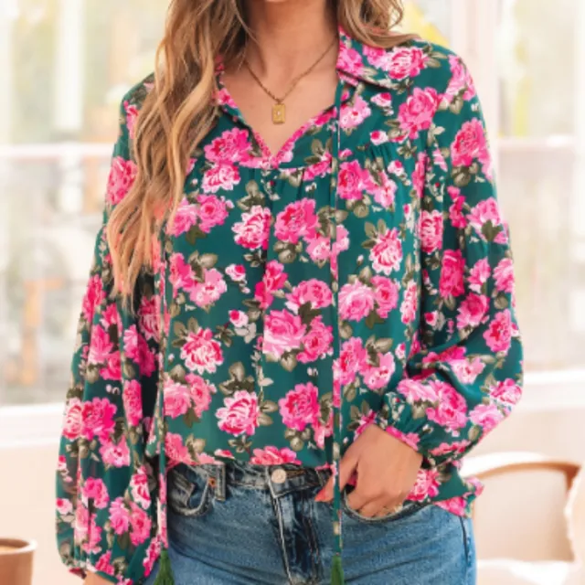 Green Floral Printed Tied Collar Puff Sleeve Blouse Green - Shop at LoveMi