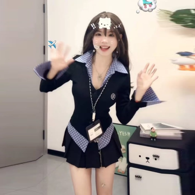【德绒1x1】纯欲辣妹polo领假两件格子长袖t恤女早春季修身上衣