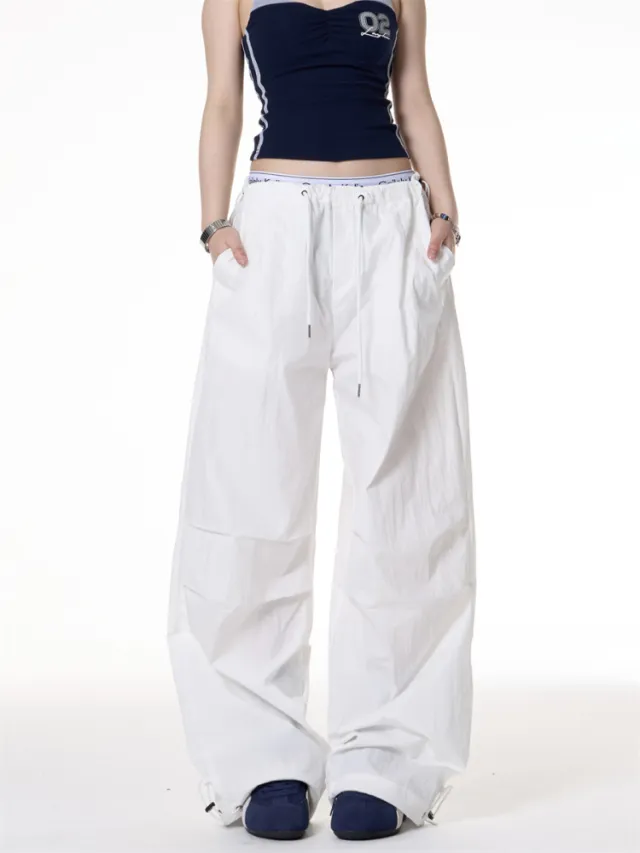 Retro Style Pleated Loose Casual Paratrooper Pants White - Shop at LoveMi