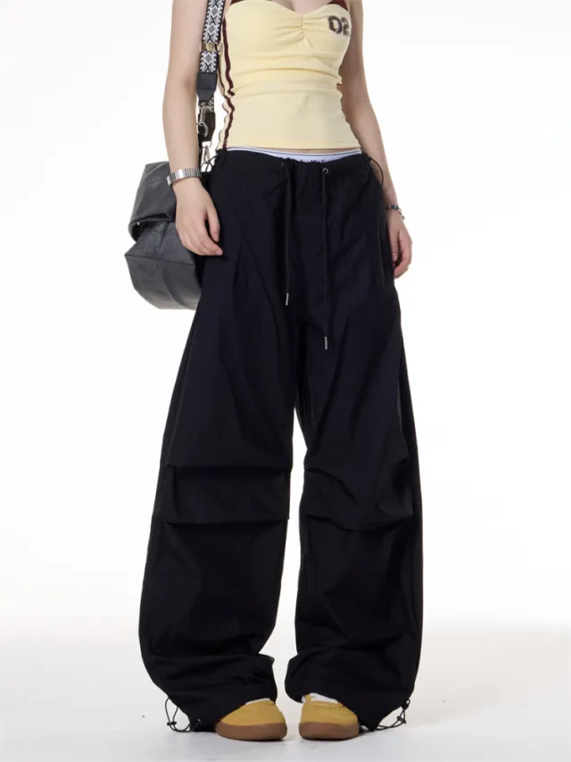 Retro Style Pleated Loose Casual Paratrooper Pants Black - Shop at LoveMi