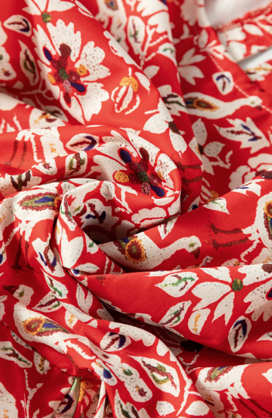 Red Colorful Floral Patchwork Long Sleeve Pleated Mini Dress