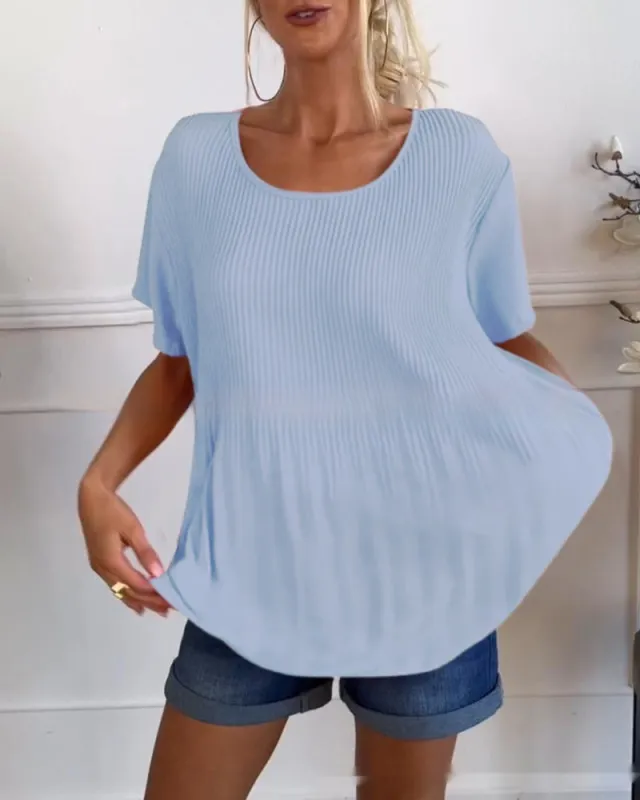 Plus Size Western Style Youthful looking Pleated Short Sleeve Women's Blouse Blue - Shop at LoveMi
