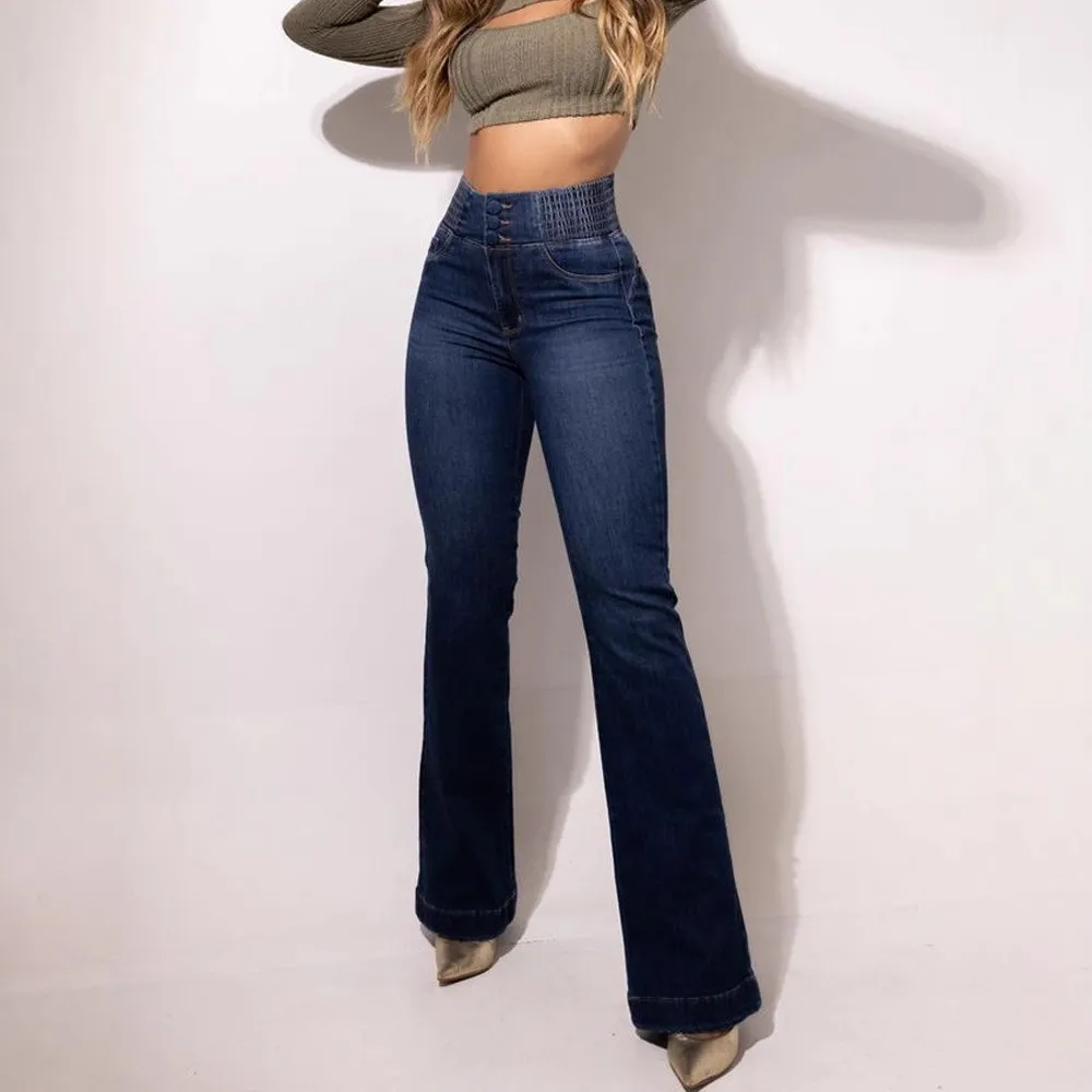 Sexy Elegant New Fashion Casual Female Trouser Bottom Back Shirred Button Front High Waist Jeans - Dark Blue