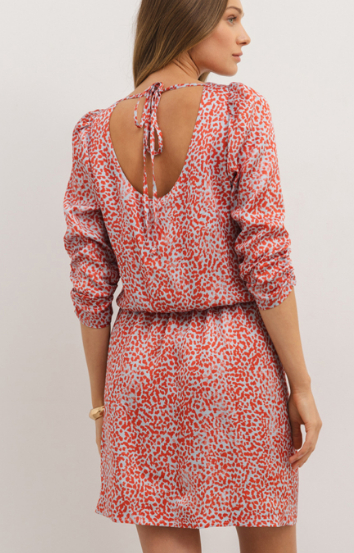 Tomato Red Leopard Print Long Sleeve Hollowed Back Split Mini Dress