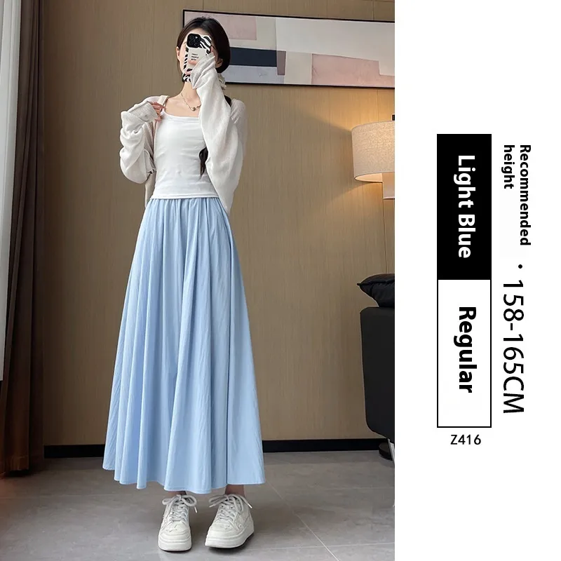 Summer High Waist A- Line Slimming Pleated Dress - Light Blue