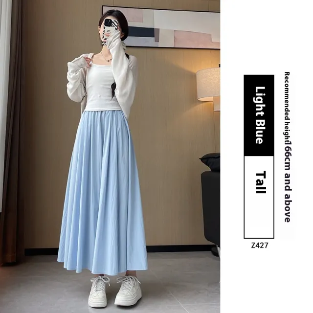 Summer High Waist A Line Slimming Pleated Dress Light Blue Tall - Shop at LoveMi