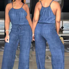 Solid Colour Cotton And Linen Drawstring Casual Jumpsuit - Odf2257F - View 1