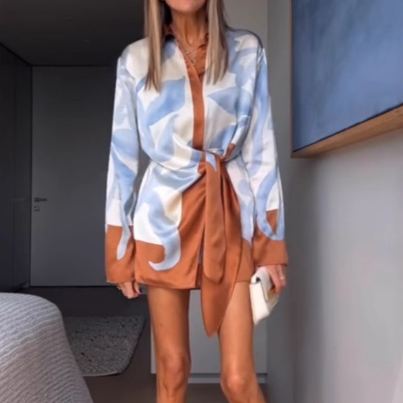 Contrast Color Casual Irregular Knot Fashion Long Sleeve Shirt Dress
