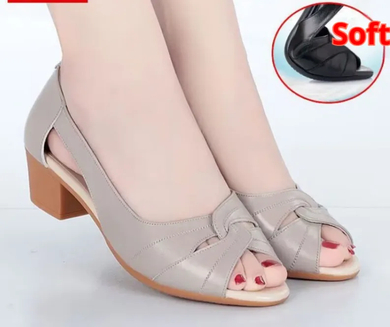 Peep Toe Mother Sandals Hollow-out Roman Style Mid Heel - Gray