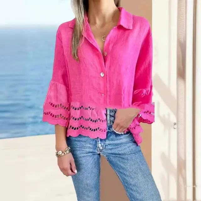 New Lace Bell Sleeve Hollow Pure Cotton Cotton Linen Shirt Rose Red - Shop at LoveMi