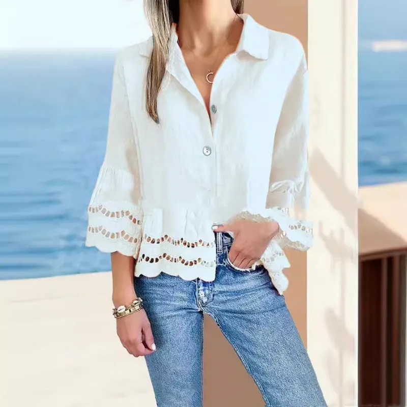 New Lace Bell Sleeve Hollow Pure Cotton Cotton Linen Shirt - White