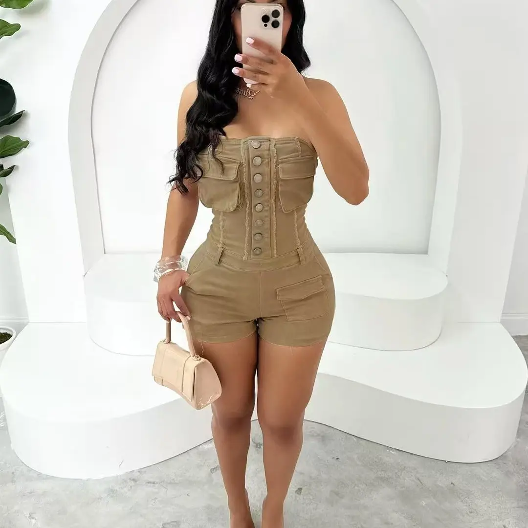 Pure Color Tube-top Stretch Tooling Zipper Pocket One-piece Shorts