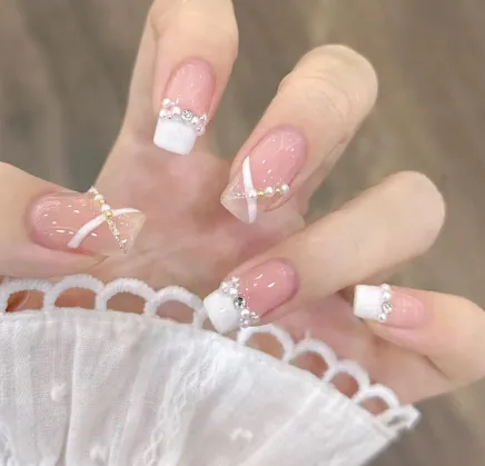 Nude Butterfly Nail Patch Gentle White Fairy Short Handmade Wear Armor Gentle French Style - Shop at LoveMi
