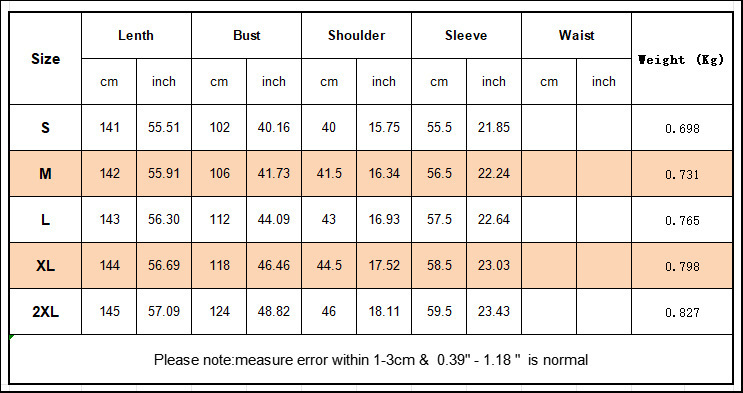 Size chart for Middle East Women's Clothing dress with detailed measurements