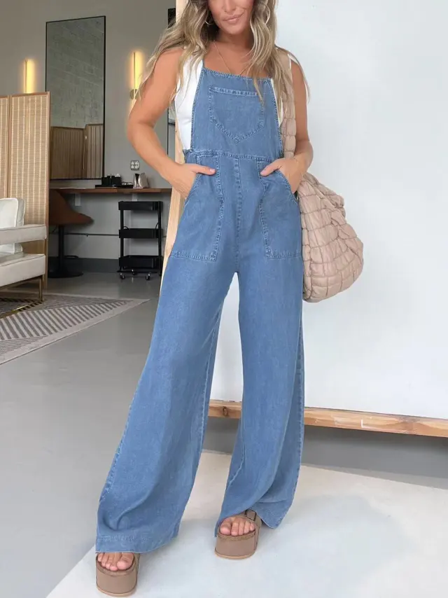 Fashion Denim Wide Leg Jumpsuit Women Blue - Shop at LoveMi