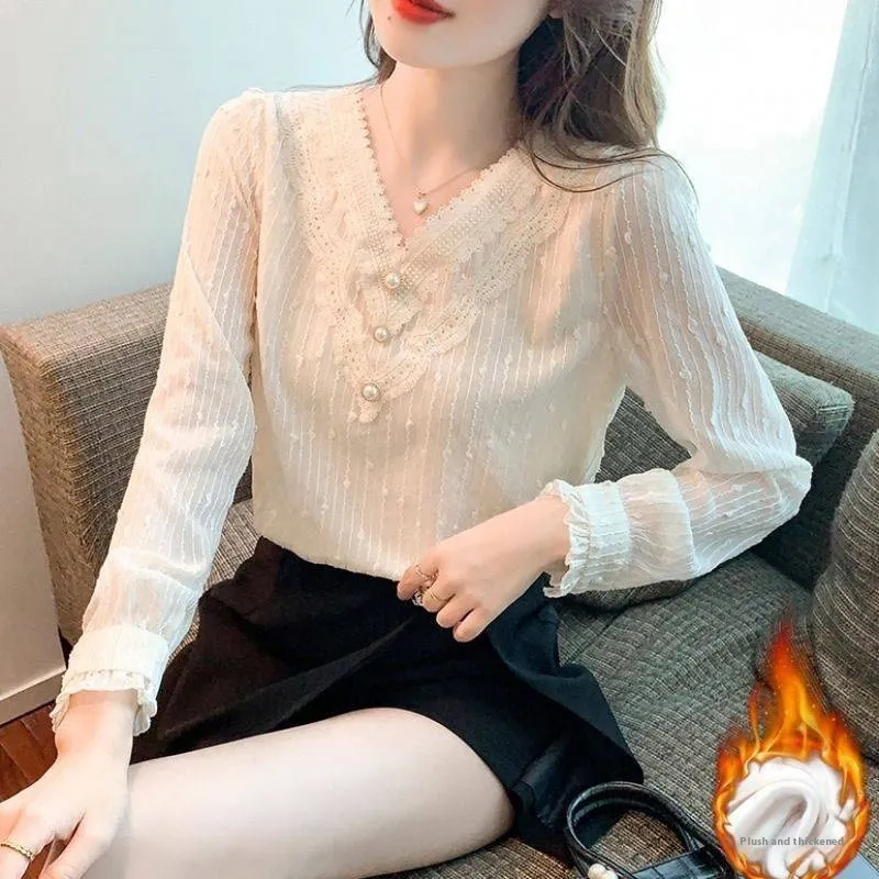 Western Style Fashion Inner Match Top Temperament Youthful-looking Chiffon Lace Shirt - Beige Plus Velvet Style