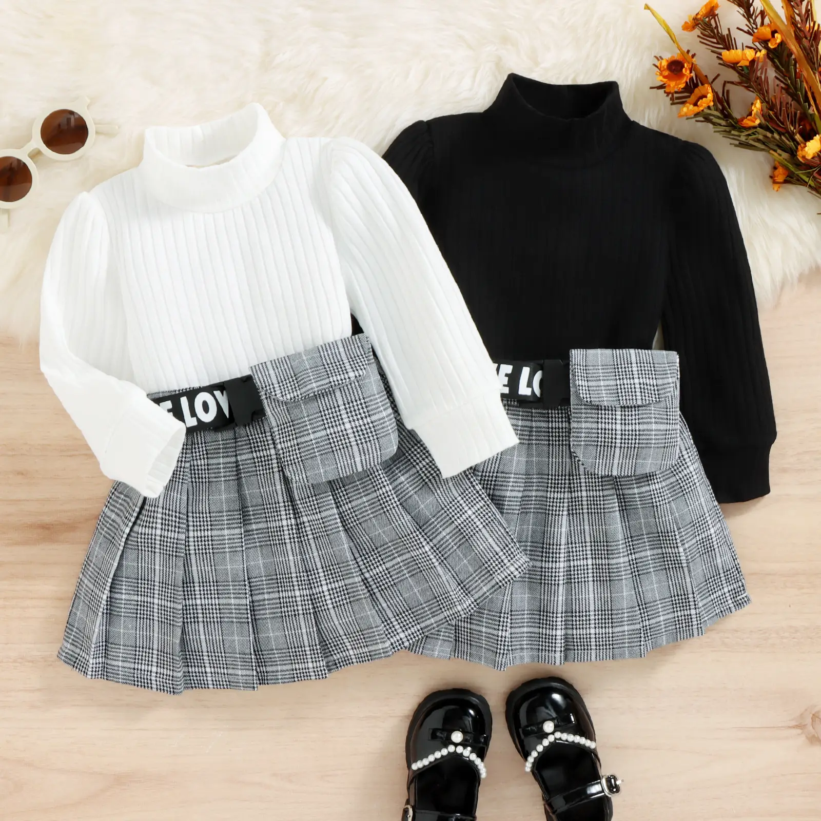 Korean Style Children Autumn Winter Cotton Sunken Stripe Turtleneck Top Plaid Suit